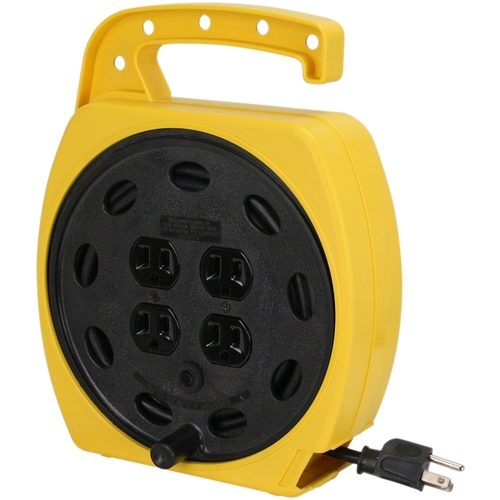 Cord Reel, 25 ft L Cord, 16 AWG Wire, 4 -Socket, 5-15R NEMA Socket, 5-15P NEMA Plug, 125 V Black/Yellow