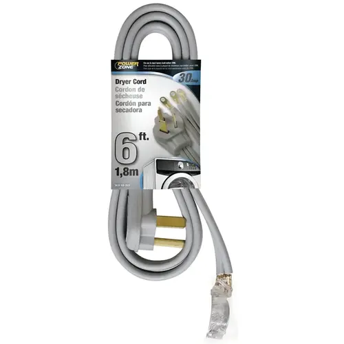 Power Supply Dryer Cord, 10 AWG Cable, 6 ft L, 30 A, 250 V, Gray