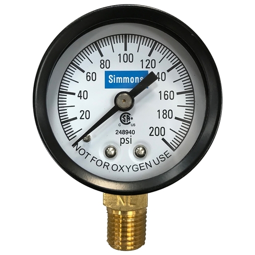 Pressure Gauge, 1/4 in Connection, MPT, 2 in Dial, Steel Gauge Case, 0 to 200 lb, Lower Connection
