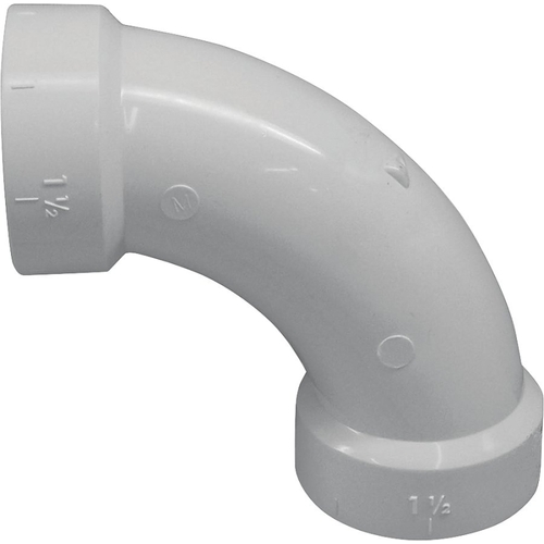 Long Sweep Pipe Elbow, 4 in, Hub, 90 deg Angle, PVC, White