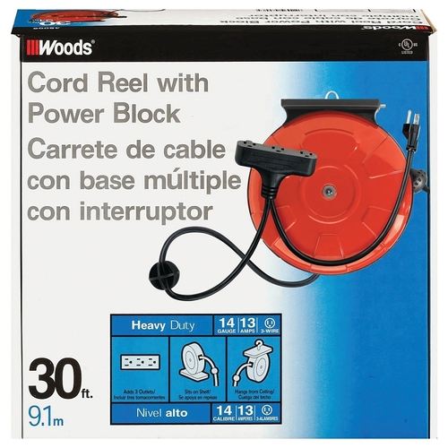 Power Cord Reel, 30 ft L Cord, 14 AWG Wire, 125 V, Orange