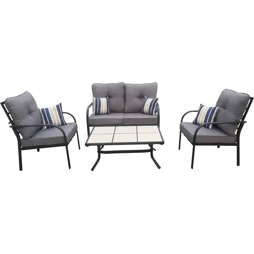 Casual Patio Conversation Set, Steel, Fabric, and Tile, Multi, Matte black, 4-Piece