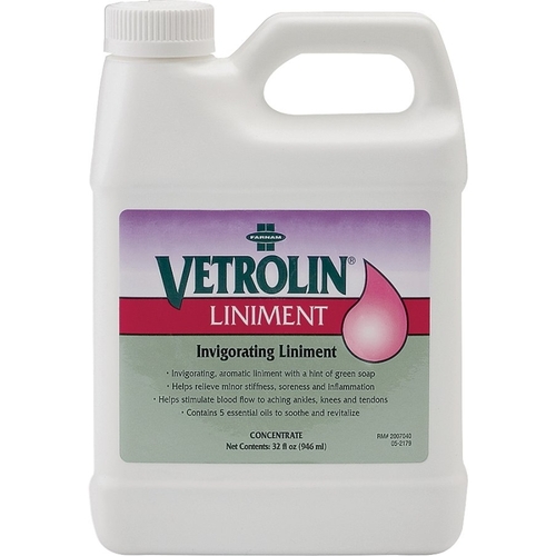 Farnam 80192 Vetrolin Invigorating Liniment, Liquid, Transparent Green, Alcoholic Aroma, 32 oz