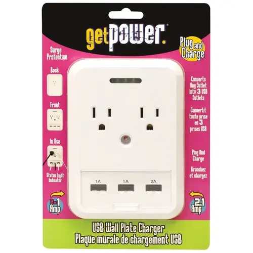 GetPower GP-3USB-AC-AC USB Wallplate Charger, 4.1 A, 5 -Outlet, White