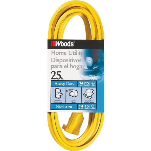 Extension Cord, 14 AWG Cable, 25 ft L, 15 A, 125 V, Yellow