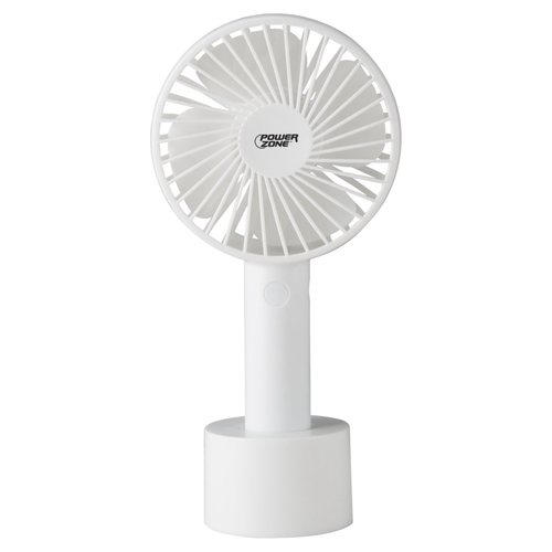 PowerZone 802W Rechargeable Handheld Fan, 5 VAC, 4 in Dia Blade, 4-Blade, 3-Speed, White