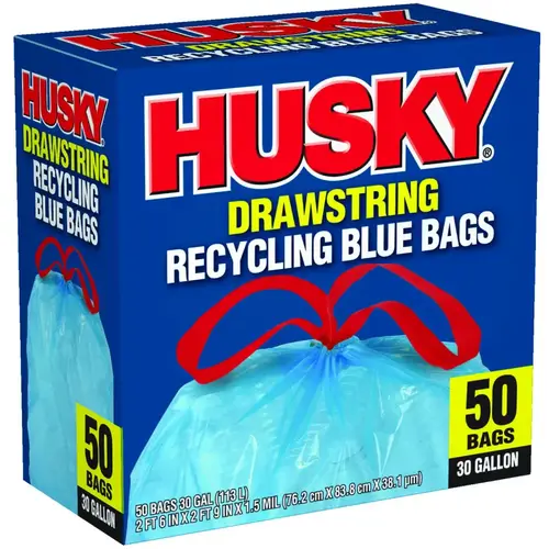 Husky HK30DS050BU Trash Bag with Drawstring, 30 gal Capacity, Blue - pack of 50