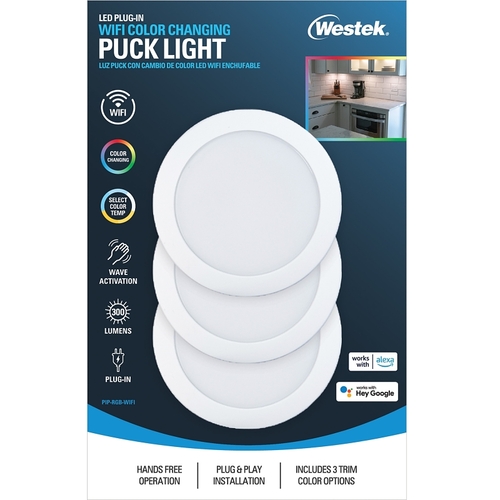 Westek PIP-RGB-WIFI WiFi and Motion Controlled Puck Light, 120 V, 3.5 W, 3-Lamp, LED Lamp, 300 Lumens - pack of 3