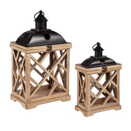 Lantern Two Mantle Metal/Wood Hurricane Black/Brown Black/Brown Pair