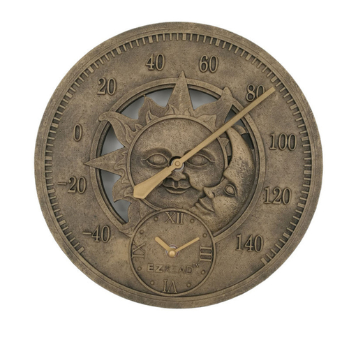 Clock/Thermometer EZ Read Sun/Moon Metal Brown 12" Brown