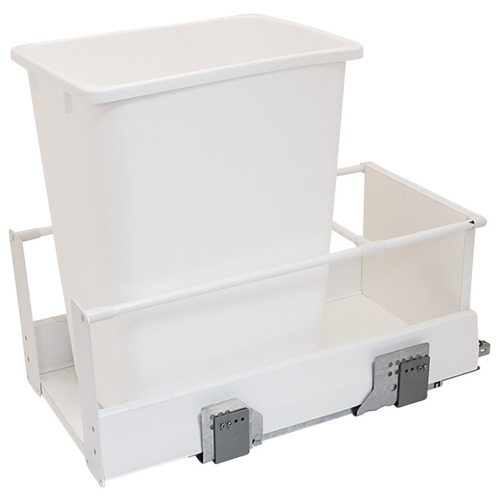 Waste Bin Pull-Out, Hafele Matrix, Single 34 l 36 qt Min. 19 1/4" Frame: white, bottom and back: white melamine, bin: white, 36 qt Frame: Steel Bottom & back: Particle board Bin: Plastic