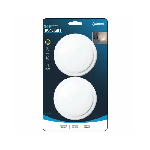 Westek BL-PTAP-W2 Tap Utility Light, AA Battery, LED Lamp, 60 Lumens, 3000 K Color Temp, White - pack of 2