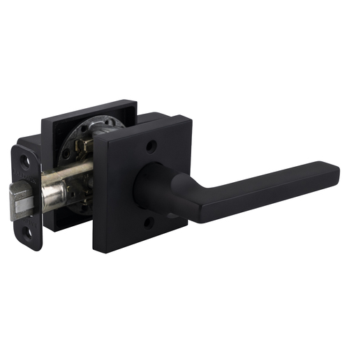 Passage Square Lever and Contemporary Square Rose with 6AL Latch and Dual Strike Satin Black Finish
