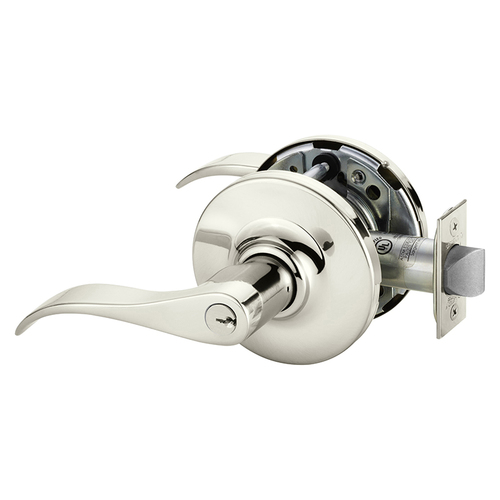 Grade 1 Entrance or Office Cylindrical Lock, G Lever, Conventional Cylinder, Bright Nickel Plated Clear Coated Finish, Right Hand Bright Nickel Plated Clear Coated