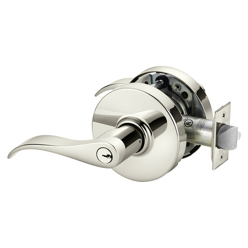 Grade 1 Utility Asylum or Institution Cylindrical Lock, G Lever, Conventional Cylinder, Bright Nickel Plated Clear Coated Finish, Right Hand Bright Nickel Plated Clear Coated