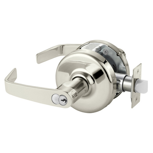 Grade 2 Classroom Cylindrical Lock, Newport Lever, Corbin Russwin 6-Pin LFIC Core, Bright Nickel Plated Clear Coated Finish, Non-handed Bright Nickel Plated Clear Coated