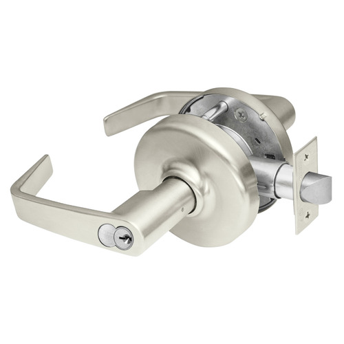 Grade 2 Storeroom or Closet Cylindrical Lock, Newport Lever, SFIC Prep Disposable Core, Satin Nickel Plated Clear Coated Finish, Non-handed Satin Nickel Plated Clear Coated