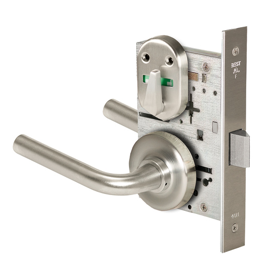 Grade 1 Privacy Mortise Lock, Visual Thumbturn Indicator, 12 Lever, R Rose, Non-Keyed, Satin Nickel Finish, Field Reversible Satin Nickel