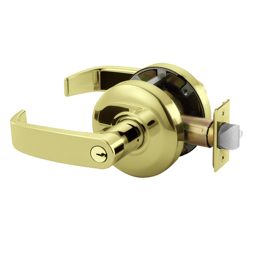 Grade 2 Entrance/Office Cylindrical Lock, L Lever, Conventional Cylinder, Bright Brass Finish, 2-3/8" Backset, Curved Lip Strike, Non-handed Bright Brass