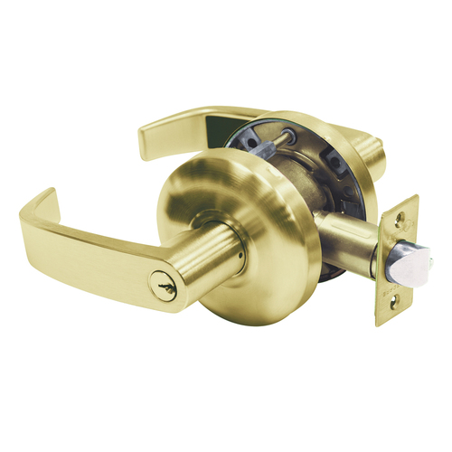 Grade 2 Storeroom/Closet Cylindrical Lock, L Lever, Conventional Cylinder, Satin Brass Finish, 2-3/8" Backset, Full Lip Strike, Non-handed Satin Brass