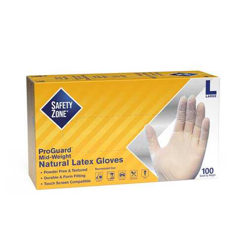 THE SAFETY ZONE GRPR-LG-1-T Powder Free Latex Disposable Gloves, Natural, Large