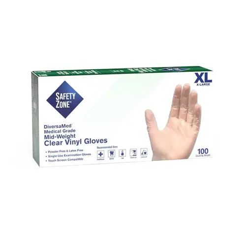 Medical Grade Powder Free Vinyl Disposable Gloves, Clear, Extra Large