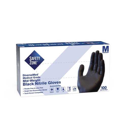 THE SAFETY ZONE GNEP-MD-K Fentanyl Tested Medical Grade Powder Free Nitrile Disposable Gloves, Black, Medium