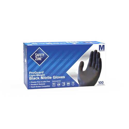 THE SAFETY ZONE GNPR-MD-BK Powder Free Nitrile Disposable Gloves, Black, Medium