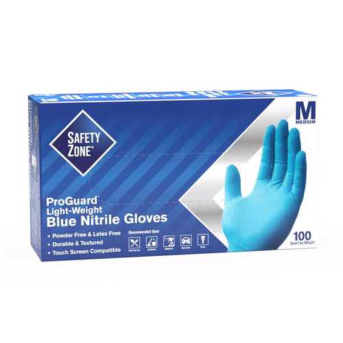 THE SAFETY ZONE GNPR-MD-1A Powder Free Nitrile Disposable Gloves, Blue, Medium