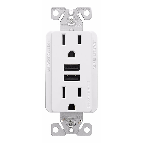 USB Combination Receptacle, 2 -Pole, 15 A at 125 VAC, 3.6 A at 5 VDC, 125 VAC, 5 VDC, 2 -USB Port White