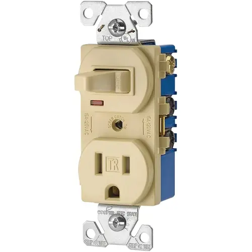 Combination Switch, 1 -Pole, 15 A, 120/125 V, NEMA: NEMA 5-15R, Ivory