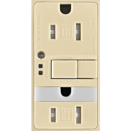 GFCI and Nightlight, 2 -Pole, 15 A, 125 V, Back, Side Wiring, NEMA: 5-15R, Ivory