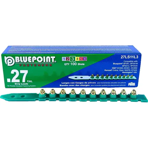 BLUE POINT FASTENING 27LS11L3 Low Velocity Load, 0.27 Caliber, Power Level: #3, Green Code, 6.8 mm Dia, 11 mm L - pack of 100