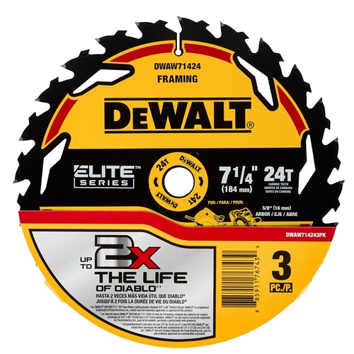 DEWALT DWAW714243PK ELITE Series Circular Saw Blade, 7-1/4 in Dia, 5/8 in Arbor, 24-Teeth - pack of 3
