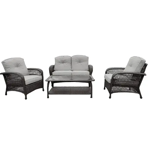 Bellevue Seating Set, Glass/Olefin/Steel/Wicker, Gray, 4-Piece