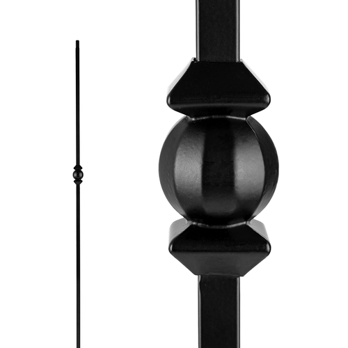 Single Ball and Sphere Stair Baluster, 44 in H, 1/2 in W, Square, Steel, Black
