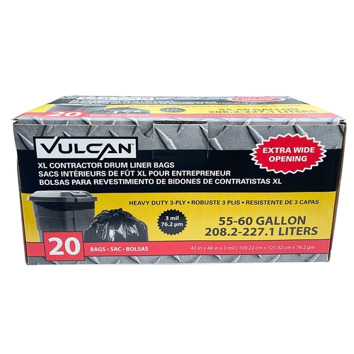 Vulcan FG-O3812-12 FG-03812-12 Heavy-Duty Drum Liner, 55 gal, Poly, Black - pack of 20