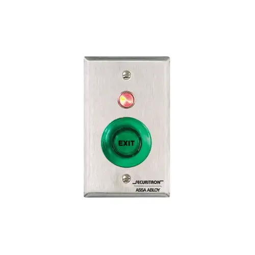 Securitron PB Push Button Momentary Single Gang, DPST, Illuminated with Round Green Button Satin Stainless Steel Finish
