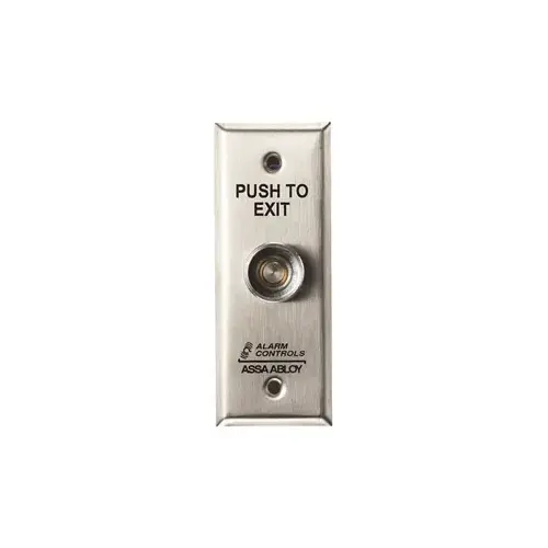 5/16" Dia. Button, "PUSH TO EXIT", Pneumatic Time Delay, Narrow Plate, Satin Stainless Steel