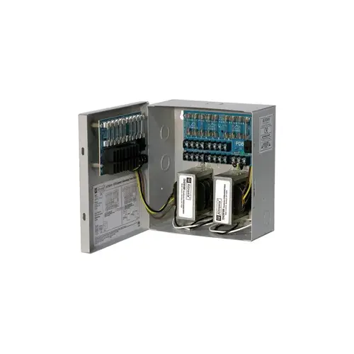 CCTV Power Supply, Input 115VAC 50/60Hz at 1.9A, 16 Fuse Protected Outputs, 24VAC at 8A or 28VAC at 7A, Grey Enclosure