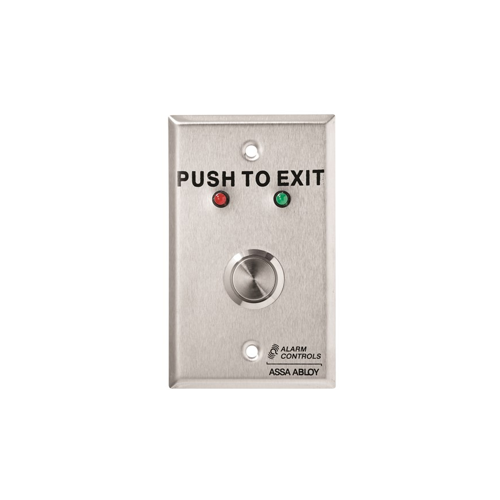 3/4" Dia. Metal Button, "PUSH TO EXIT", Momentary, Red/Green LEDs, Single Gang, Satin Stainless Steel