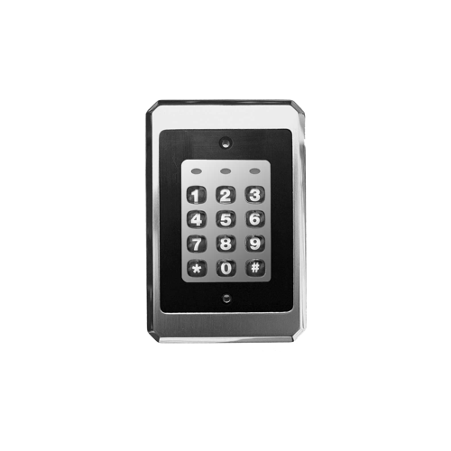 Indoor/Outdoor Flush-Mount Weather Resistant Keypad, 120 Users, Single Gang Design, Keypad Programmable, Hardened Backlit Keys, Heavy Chrome Plated Trim Ring, Built-in Assignable Sounder, Key Press Feedback via Sounder and Yellow LED, Bi-Color Red/Green LED Indicates Relay Status