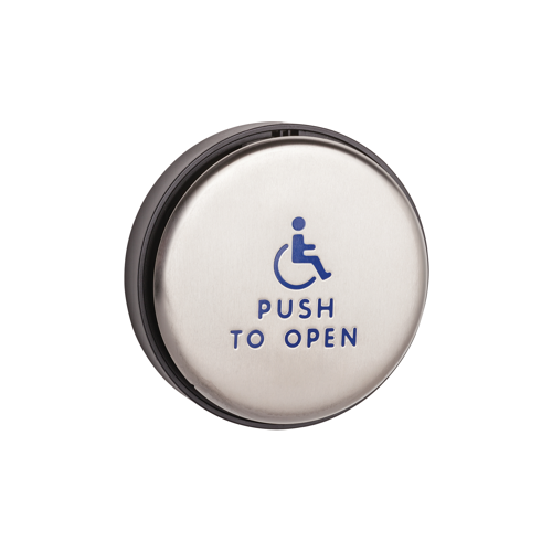 Stainless steel push plate, 6 In. round, blue handicap logo and text