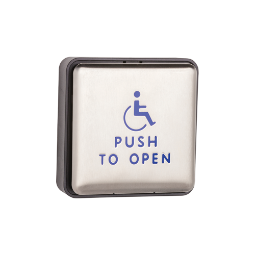 Stainless steel push plate, 4.5 In. square, blue handicap logo and text