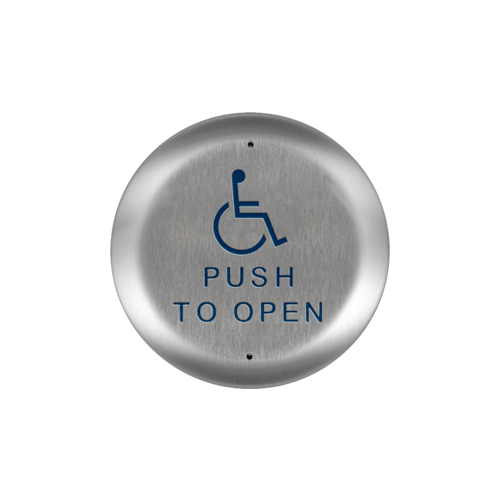 Stainless steel push plate, 4.5 In. round, blue handicap logo and text
