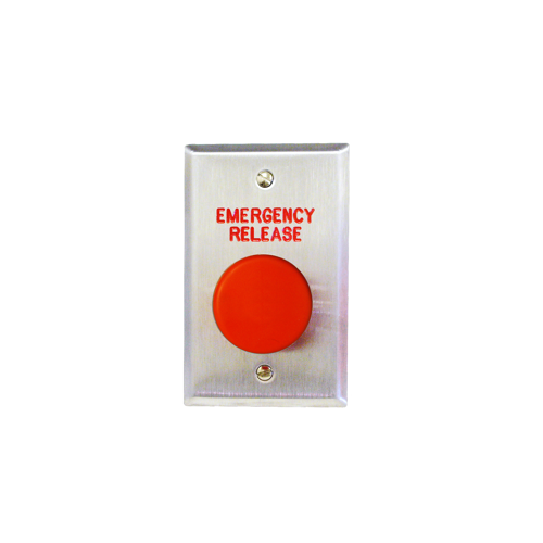 5210 Series Exit Push Button, 1-9/16" Diameter Mushroom Button, with Form Z Pneumatic 2-60 Delay, Red Button, Stainless Steel Plate Engraved "PUSH TO EXIT"