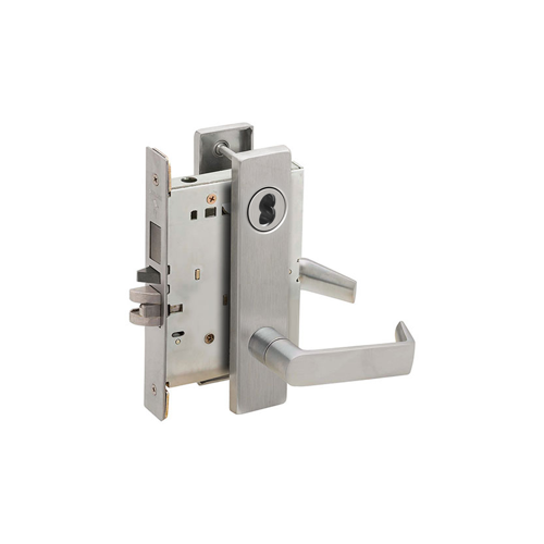 Entry / Office with Deadbolt Mortise Lock with Small Format IC Less Core with 06 Lever and L Escutcheon Satin Chrome Finish