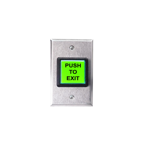 5215 Series Square Exit Push Button, 1-1/2 In. Illuminated Square Button with SPDT Momentary Contact Switch, Stainless Steel Single Gang Mount, "PUSH TO EXIT" Lettering on Button, Adjustable 1-60 Second Timer, DPDT Output