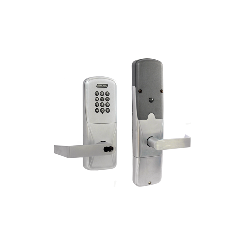 Networked Wireless Electronic Lock Keypad Cylindrical Classroom / Storeroom Rhodes Lever with Small Format Less Core Satin Chrome Finish