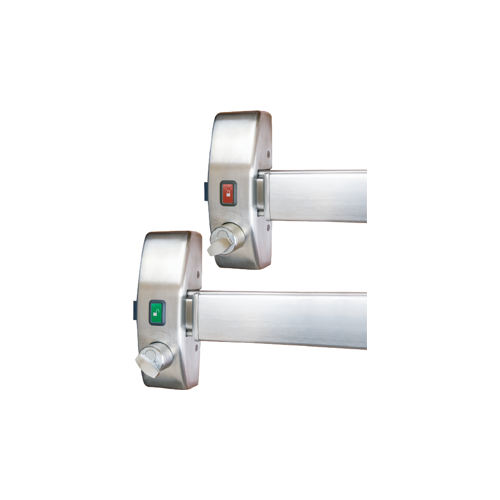 Fire Rated Rim Exit Device, Double Cylinder with Visual Indicator, and Classroom Lever/Escutcheon Trim, LHR, Only Trim is Reversible, No Dogging, 36", Grade 1, Stainless Steel 630/US32D